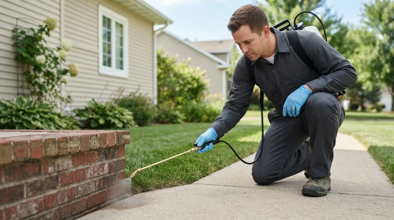 Pest control technician treating a home near New Athens, IL