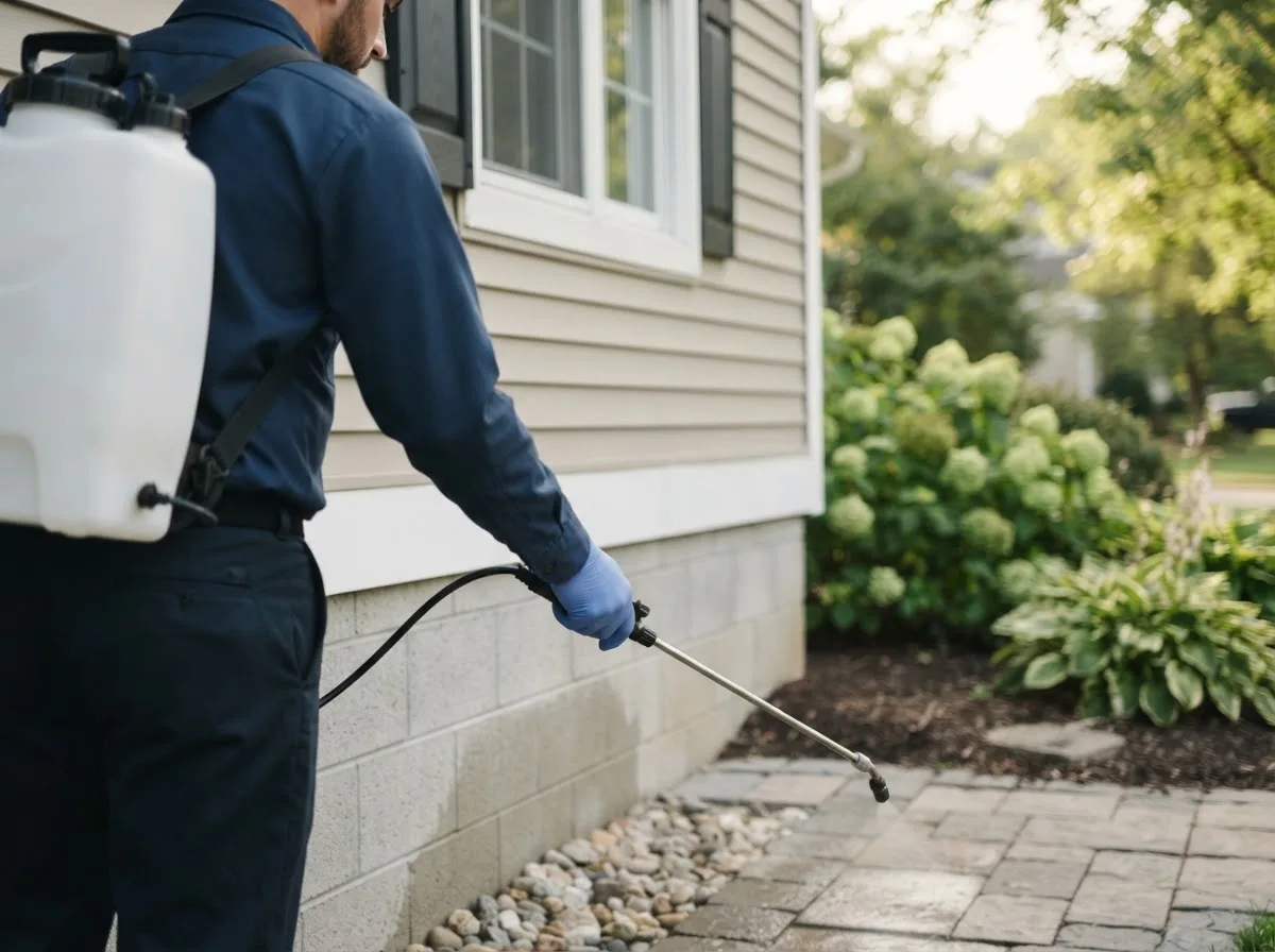 Pest control technician inspecting a home in New Athens, IL